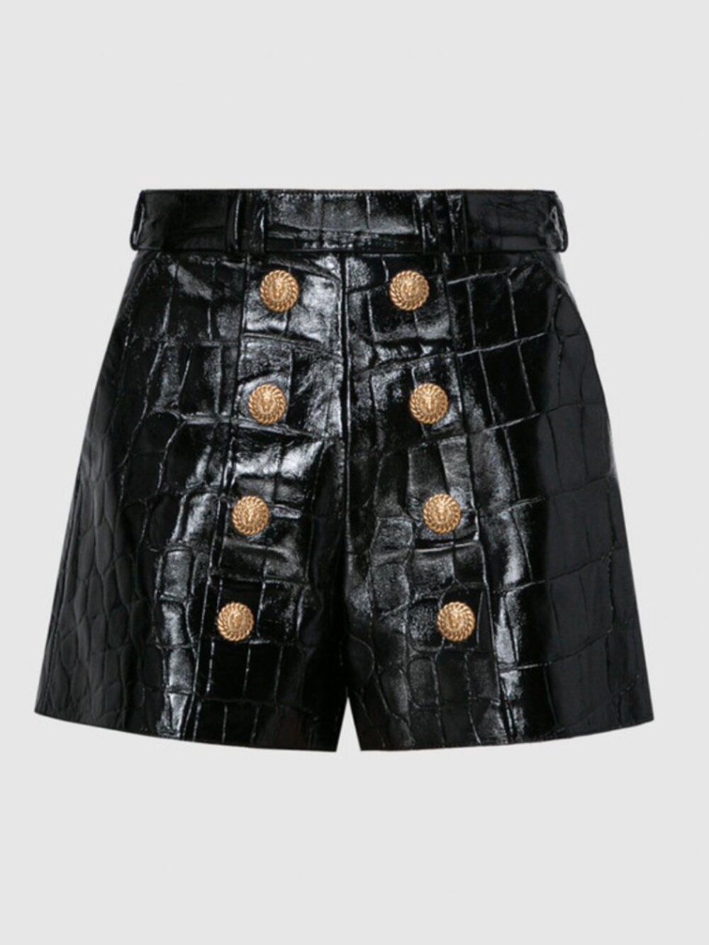 Balmain Black Leather High-Waist Shorts with Crocodile Embossing